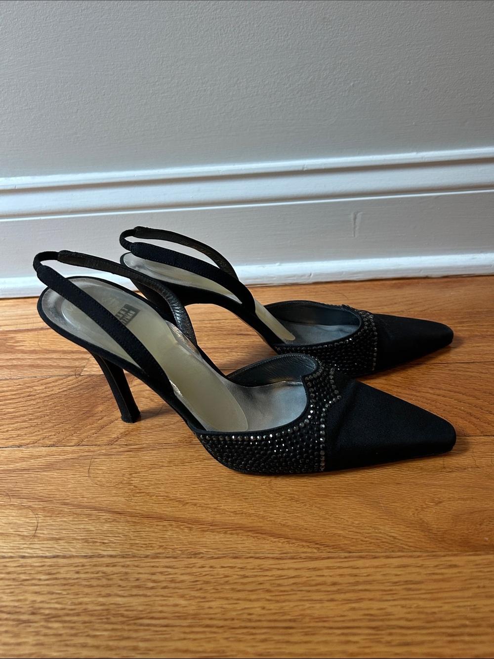 Stuart Weitzman Black Crystal-Embellished Slingback Pointed Heels